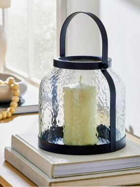 Better Homes & Gardens Black Metal Hammered Glass Candleholder Lantern, 8", Med